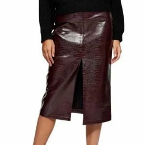 NEW Topshop Faux Croc Midi Skirt Burgundy Size 10  FRONT SLIT